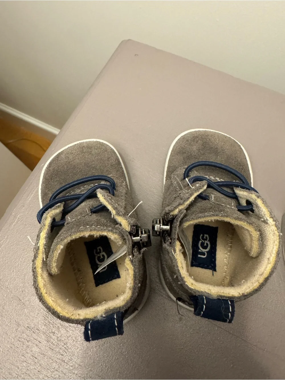 UGG Baby/Toddler Suede Ankle Boots in Gray with Navy Laces